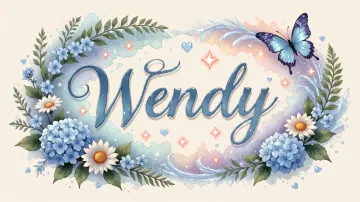 Wendy horizontal diseño 4 - Composición magica con nombre en letra cursiva azul, rodeado de hortensias azules, margaritas blancas y delicadas flores silvestres, enmarcado por suaves remolinos de agua, mariposas azules y destellos estelares sobre un fondo etéreo y romántico.