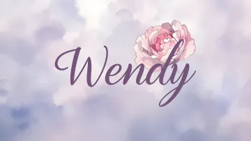 Wendy horizontal diseño 5 - Nombre en elegante tipografía cursiva caligráfica en tono lavanda, sobre fondo acuarela de cielo nublado en tonos pastel (azul, blanco, lavanda), decorado con rosa en acuarela de pétalos rosa pálido, blanco crema y lilas suaves con hojas en gris-verde.