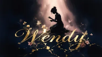 Wendy horizontal diseño 6 - Composición de ilustración semirrealista cinematográfica con silueta femenina tejiendo un hilo dorado de luz sobre un suelo oscuro fracturado al estilo Kintsugi, donde el nombre resalta en un prominente guión caligráfico dorado que emerge de las grietas, rodeado de flores blancas, mariposas y un fondo degradado de azules profundos iluminado por una luz celestial en tonos melocotón y crema, con una frase de aliento en tipografía blanca en la parte inferior.
