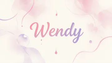 Wendy horizontal diseño 7 - Diseño abstracto en acuarela sobre fondo crema, con manchas fluidas y etéreas en rosa pastel y lila, líneas curvas que aportan movimiento, pequeñas gotas salpicadas cayendo verticalmente y una burbuja translúcida en la parte superior izquierda. El nombre resalta al centro con una tipografía cursiva amplia y elegante en degradado rosa a morado.