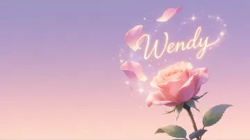 Wendy horizontal diseño 8 - Fondo de Pantalla con degradado suave que transiciona de lila en la parte superior a melocotón y rosa pastel en la base, destacando una rosa rosada hiperrealista con tallo y hojas verdes. El nombre brilla en tipografía cursiva con efecto neón cálido, adornado con pétalos cayendo y chispas de luz mágica.