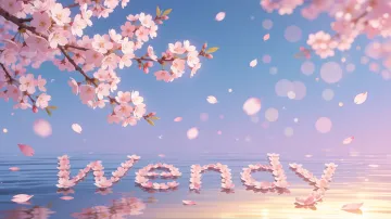 Wendy horizontal diseño 9 - Composición serena y onírica con ramas de cerezo en flor (sakura) en la parte superior contra un cielo en degradado de azul suave y lila. Pétalos de color rosa pastel flotan delicadamente en el aire cayendo hacia una superficie de agua tranquila y cristalina. En el centro inferior, el nombre está formado por pétalos de flores con un sutil efecto de relieve 3D y tipografía floral, reflejándose sobre el agua que está iluminada por un cálido destello dorado de luz solar en la esquina inferior derecha.