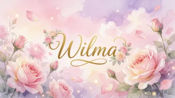 Wilma horizontal diseño 10 - Diseño estilo acuarela con un fondo etéreo y texturizado en nubes de tonos rosa pastel y lila suave. Presenta composiciones de rosas abiertas y capullos en los bordes inferior y superior, con pétalos cayendo delicadamente. Incorpora destellos de luz cálida (efecto bokeh) y, en el centro, resalta una tipografía elegante, cursiva y fluida en color dorado.