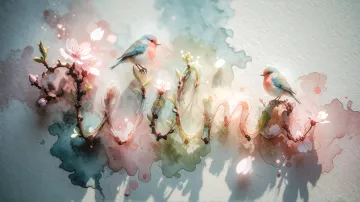 Wilma horizontal diseño 11 - Un delicado diseño de estilo acuarela digital que combina una tipografía de caligrafía personalizada para el nombre en tonos dorados y rosados suaves, adornada con pequeñas hojas y brotes. Un pajarito azul y naranja vibrante está posado en una de las letras. Todo está rodeado por un marco circular de ramas de cerezo en flor con delicadas flores rosadas y blancas. El fondo es un lavado de acuarela difuminado en tonos pastel suaves de azul cerceta, rosa rubor y melocotón sobre una textura de papel rugoso, con destellos luminosos y motas de luz bokeh flotando alrededor, creando una atmósfera mágica y soñadora. Las sombras suaves proyectadas añaden profundidad.
