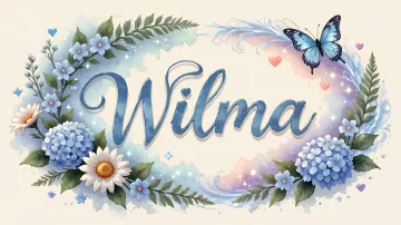 Wilma horizontal diseño 4 - Composición magica con nombre en letra cursiva azul, rodeado de hortensias azules, margaritas blancas y delicadas flores silvestres, enmarcado por suaves remolinos de agua, mariposas azules y destellos estelares sobre un fondo etéreo y romántico.