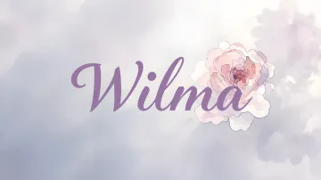 Wilma horizontal diseño 5 - Nombre en elegante tipografía cursiva caligráfica en tono lavanda, sobre fondo acuarela de cielo nublado en tonos pastel (azul, blanco, lavanda), decorado con rosa en acuarela de pétalos rosa pálido, blanco crema y lilas suaves con hojas en gris-verde.