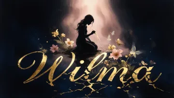 Wilma horizontal diseño 6 - Composición de ilustración semirrealista cinematográfica con silueta femenina tejiendo un hilo dorado de luz sobre un suelo oscuro fracturado al estilo Kintsugi, donde el nombre resalta en un prominente guión caligráfico dorado que emerge de las grietas, rodeado de flores blancas, mariposas y un fondo degradado de azules profundos iluminado por una luz celestial en tonos melocotón y crema, con una frase de aliento en tipografía blanca en la parte inferior.