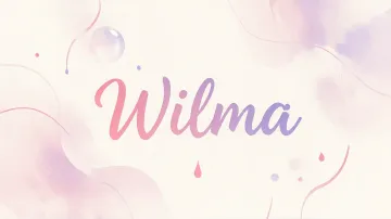 Wilma horizontal diseño 7 - Diseño abstracto en acuarela sobre fondo crema, con manchas fluidas y etéreas en rosa pastel y lila, líneas curvas que aportan movimiento, pequeñas gotas salpicadas cayendo verticalmente y una burbuja translúcida en la parte superior izquierda. El nombre resalta al centro con una tipografía cursiva amplia y elegante en degradado rosa a morado.
