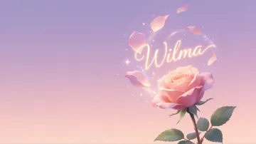 Wilma horizontal diseño 8 - Fondo de Pantalla con degradado suave que transiciona de lila en la parte superior a melocotón y rosa pastel en la base, destacando una rosa rosada hiperrealista con tallo y hojas verdes. El nombre brilla en tipografía cursiva con efecto neón cálido, adornado con pétalos cayendo y chispas de luz mágica.