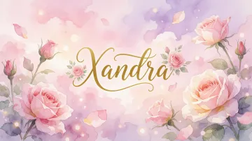Xandra horizontal diseño 10 - Diseño estilo acuarela con un fondo etéreo y texturizado en nubes de tonos rosa pastel y lila suave. Presenta composiciones de rosas abiertas y capullos en los bordes inferior y superior, con pétalos cayendo delicadamente. Incorpora destellos de luz cálida (efecto bokeh) y, en el centro, resalta una tipografía elegante, cursiva y fluida en color dorado.
