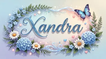 Xandra horizontal diseño 4 - Composición magica con nombre en letra cursiva azul, rodeado de hortensias azules, margaritas blancas y delicadas flores silvestres, enmarcado por suaves remolinos de agua, mariposas azules y destellos estelares sobre un fondo etéreo y romántico.