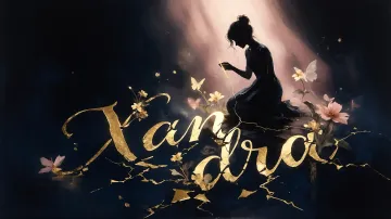 Xandra horizontal diseño 6 - Composición de ilustración semirrealista cinematográfica con silueta femenina tejiendo un hilo dorado de luz sobre un suelo oscuro fracturado al estilo Kintsugi, donde el nombre resalta en un prominente guión caligráfico dorado que emerge de las grietas, rodeado de flores blancas, mariposas y un fondo degradado de azules profundos iluminado por una luz celestial en tonos melocotón y crema, con una frase de aliento en tipografía blanca en la parte inferior.