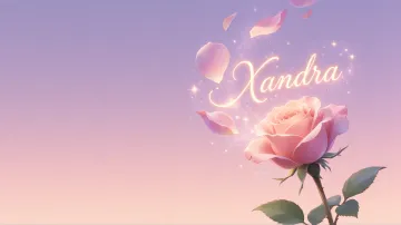 Xandra horizontal diseño 8 - Fondo de Pantalla con degradado suave que transiciona de lila en la parte superior a melocotón y rosa pastel en la base, destacando una rosa rosada hiperrealista con tallo y hojas verdes. El nombre brilla en tipografía cursiva con efecto neón cálido, adornado con pétalos cayendo y chispas de luz mágica.