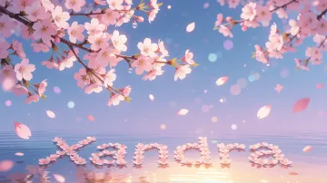 Xandra horizontal diseño 9 - Composición serena y onírica con ramas de cerezo en flor (sakura) en la parte superior contra un cielo en degradado de azul suave y lila. Pétalos de color rosa pastel flotan delicadamente en el aire cayendo hacia una superficie de agua tranquila y cristalina. En el centro inferior, el nombre está formado por pétalos de flores con un sutil efecto de relieve 3D y tipografía floral, reflejándose sobre el agua que está iluminada por un cálido destello dorado de luz solar en la esquina inferior derecha.
