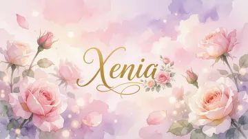 Xenia horizontal diseño 10 - Diseño estilo acuarela con un fondo etéreo y texturizado en nubes de tonos rosa pastel y lila suave. Presenta composiciones de rosas abiertas y capullos en los bordes inferior y superior, con pétalos cayendo delicadamente. Incorpora destellos de luz cálida (efecto bokeh) y, en el centro, resalta una tipografía elegante, cursiva y fluida en color dorado.