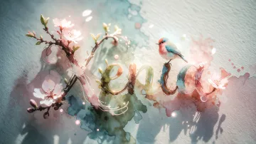 Xenia horizontal diseño 11 - Un delicado diseño de estilo acuarela digital que combina una tipografía de caligrafía personalizada para el nombre en tonos dorados y rosados suaves, adornada con pequeñas hojas y brotes. Un pajarito azul y naranja vibrante está posado en una de las letras. Todo está rodeado por un marco circular de ramas de cerezo en flor con delicadas flores rosadas y blancas. El fondo es un lavado de acuarela difuminado en tonos pastel suaves de azul cerceta, rosa rubor y melocotón sobre una textura de papel rugoso, con destellos luminosos y motas de luz bokeh flotando alrededor, creando una atmósfera mágica y soñadora. Las sombras suaves proyectadas añaden profundidad.