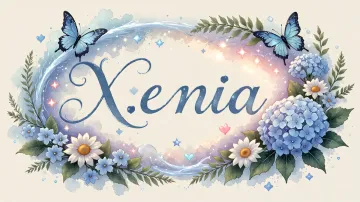 Xenia horizontal diseño 4 - Composición magica con nombre en letra cursiva azul, rodeado de hortensias azules, margaritas blancas y delicadas flores silvestres, enmarcado por suaves remolinos de agua, mariposas azules y destellos estelares sobre un fondo etéreo y romántico.