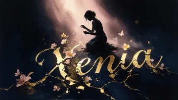 Xenia horizontal diseño 6 - Composición de ilustración semirrealista cinematográfica con silueta femenina tejiendo un hilo dorado de luz sobre un suelo oscuro fracturado al estilo Kintsugi, donde el nombre resalta en un prominente guión caligráfico dorado que emerge de las grietas, rodeado de flores blancas, mariposas y un fondo degradado de azules profundos iluminado por una luz celestial en tonos melocotón y crema, con una frase de aliento en tipografía blanca en la parte inferior.