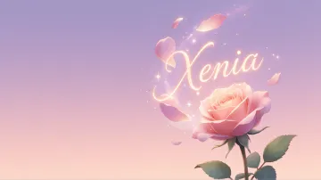Xenia horizontal diseño 8 - Fondo de Pantalla con degradado suave que transiciona de lila en la parte superior a melocotón y rosa pastel en la base, destacando una rosa rosada hiperrealista con tallo y hojas verdes. El nombre brilla en tipografía cursiva con efecto neón cálido, adornado con pétalos cayendo y chispas de luz mágica.