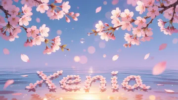 Xenia horizontal diseño 9 - Composición serena y onírica con ramas de cerezo en flor (sakura) en la parte superior contra un cielo en degradado de azul suave y lila. Pétalos de color rosa pastel flotan delicadamente en el aire cayendo hacia una superficie de agua tranquila y cristalina. En el centro inferior, el nombre está formado por pétalos de flores con un sutil efecto de relieve 3D y tipografía floral, reflejándose sobre el agua que está iluminada por un cálido destello dorado de luz solar en la esquina inferior derecha.