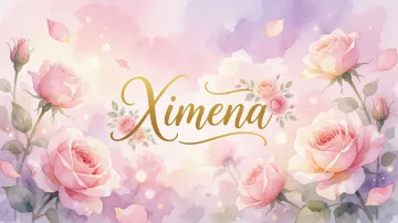 Ximena horizontal diseño 10 - Diseño estilo acuarela con un fondo etéreo y texturizado en nubes de tonos rosa pastel y lila suave. Presenta composiciones de rosas abiertas y capullos en los bordes inferior y superior, con pétalos cayendo delicadamente. Incorpora destellos de luz cálida (efecto bokeh) y, en el centro, resalta una tipografía elegante, cursiva y fluida en color dorado.
