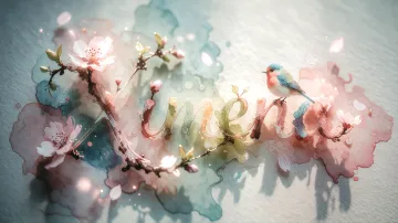 Ximena horizontal diseño 11 - Un delicado diseño de estilo acuarela digital que combina una tipografía de caligrafía personalizada para el nombre en tonos dorados y rosados suaves, adornada con pequeñas hojas y brotes. Un pajarito azul y naranja vibrante está posado en una de las letras. Todo está rodeado por un marco circular de ramas de cerezo en flor con delicadas flores rosadas y blancas. El fondo es un lavado de acuarela difuminado en tonos pastel suaves de azul cerceta, rosa rubor y melocotón sobre una textura de papel rugoso, con destellos luminosos y motas de luz bokeh flotando alrededor, creando una atmósfera mágica y soñadora. Las sombras suaves proyectadas añaden profundidad.