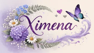 Ximena horizontal diseño 2 - Diseño elegante de hortensias en tonos lila y morados suaves, con volutas estilizadas y una mariposa mística que aporta un toque etéreo y mágico.