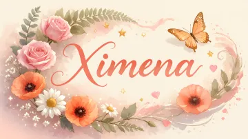 Ximena horizontal diseño 3 - Elegante composición de rosas rosadas y amapolas naranjas con mariposas doradas brillantes sobre un fondo cálido, romántico y mágico.