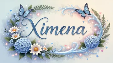 Ximena horizontal diseño 4 - Composición magica con nombre en letra cursiva azul, rodeado de hortensias azules, margaritas blancas y delicadas flores silvestres, enmarcado por suaves remolinos de agua, mariposas azules y destellos estelares sobre un fondo etéreo y romántico.