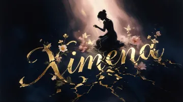 Ximena horizontal diseño 6 - Composición de ilustración semirrealista cinematográfica con silueta femenina tejiendo un hilo dorado de luz sobre un suelo oscuro fracturado al estilo Kintsugi, donde el nombre resalta en un prominente guión caligráfico dorado que emerge de las grietas, rodeado de flores blancas, mariposas y un fondo degradado de azules profundos iluminado por una luz celestial en tonos melocotón y crema, con una frase de aliento en tipografía blanca en la parte inferior.