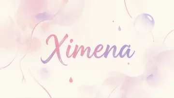 Ximena horizontal diseño 7 - Diseño abstracto en acuarela sobre fondo crema, con manchas fluidas y etéreas en rosa pastel y lila, líneas curvas que aportan movimiento, pequeñas gotas salpicadas cayendo verticalmente y una burbuja translúcida en la parte superior izquierda. El nombre resalta al centro con una tipografía cursiva amplia y elegante en degradado rosa a morado.