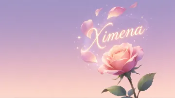 Ximena horizontal diseño 8 - Fondo de Pantalla con degradado suave que transiciona de lila en la parte superior a melocotón y rosa pastel en la base, destacando una rosa rosada hiperrealista con tallo y hojas verdes. El nombre brilla en tipografía cursiva con efecto neón cálido, adornado con pétalos cayendo y chispas de luz mágica.