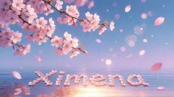 Ximena horizontal diseño 9 - Composición serena y onírica con ramas de cerezo en flor (sakura) en la parte superior contra un cielo en degradado de azul suave y lila. Pétalos de color rosa pastel flotan delicadamente en el aire cayendo hacia una superficie de agua tranquila y cristalina. En el centro inferior, el nombre está formado por pétalos de flores con un sutil efecto de relieve 3D y tipografía floral, reflejándose sobre el agua que está iluminada por un cálido destello dorado de luz solar en la esquina inferior derecha.