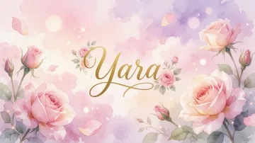 Yara horizontal diseño 10 - Diseño estilo acuarela con un fondo etéreo y texturizado en nubes de tonos rosa pastel y lila suave. Presenta composiciones de rosas abiertas y capullos en los bordes inferior y superior, con pétalos cayendo delicadamente. Incorpora destellos de luz cálida (efecto bokeh) y, en el centro, resalta una tipografía elegante, cursiva y fluida en color dorado.