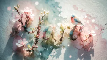 Yara horizontal diseño 11 - Un delicado diseño de estilo acuarela digital que combina una tipografía de caligrafía personalizada para el nombre en tonos dorados y rosados suaves, adornada con pequeñas hojas y brotes. Un pajarito azul y naranja vibrante está posado en una de las letras. Todo está rodeado por un marco circular de ramas de cerezo en flor con delicadas flores rosadas y blancas. El fondo es un lavado de acuarela difuminado en tonos pastel suaves de azul cerceta, rosa rubor y melocotón sobre una textura de papel rugoso, con destellos luminosos y motas de luz bokeh flotando alrededor, creando una atmósfera mágica y soñadora. Las sombras suaves proyectadas añaden profundidad.