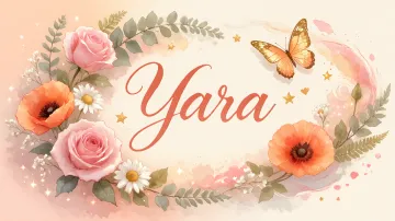 Yara horizontal diseño 3 - Elegante composición de rosas rosadas y amapolas naranjas con mariposas doradas brillantes sobre un fondo cálido, romántico y mágico.