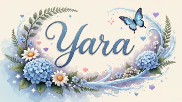 Yara horizontal diseño 4 - Composición magica con nombre en letra cursiva azul, rodeado de hortensias azules, margaritas blancas y delicadas flores silvestres, enmarcado por suaves remolinos de agua, mariposas azules y destellos estelares sobre un fondo etéreo y romántico.