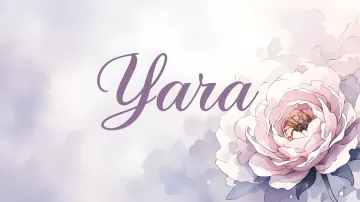 Yara horizontal diseño 5 - Nombre en elegante tipografía cursiva caligráfica en tono lavanda, sobre fondo acuarela de cielo nublado en tonos pastel (azul, blanco, lavanda), decorado con rosa en acuarela de pétalos rosa pálido, blanco crema y lilas suaves con hojas en gris-verde.