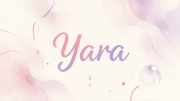 Yara horizontal diseño 7 - Diseño abstracto en acuarela sobre fondo crema, con manchas fluidas y etéreas en rosa pastel y lila, líneas curvas que aportan movimiento, pequeñas gotas salpicadas cayendo verticalmente y una burbuja translúcida en la parte superior izquierda. El nombre resalta al centro con una tipografía cursiva amplia y elegante en degradado rosa a morado.