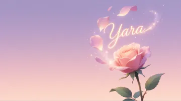Yara horizontal diseño 8 - Fondo de Pantalla con degradado suave que transiciona de lila en la parte superior a melocotón y rosa pastel en la base, destacando una rosa rosada hiperrealista con tallo y hojas verdes. El nombre brilla en tipografía cursiva con efecto neón cálido, adornado con pétalos cayendo y chispas de luz mágica.