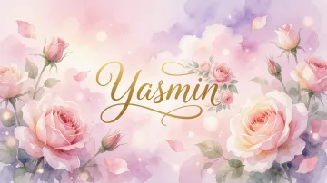 Yasmin horizontal diseño 10 - Diseño estilo acuarela con un fondo etéreo y texturizado en nubes de tonos rosa pastel y lila suave. Presenta composiciones de rosas abiertas y capullos en los bordes inferior y superior, con pétalos cayendo delicadamente. Incorpora destellos de luz cálida (efecto bokeh) y, en el centro, resalta una tipografía elegante, cursiva y fluida en color dorado.