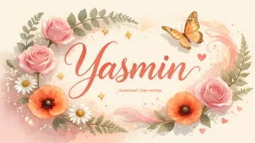 Yasmin horizontal diseño 3 - Elegante composición de rosas rosadas y amapolas naranjas con mariposas doradas brillantes sobre un fondo cálido, romántico y mágico.