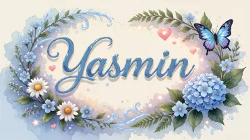 Yasmin horizontal diseño 4 - Composición magica con nombre en letra cursiva azul, rodeado de hortensias azules, margaritas blancas y delicadas flores silvestres, enmarcado por suaves remolinos de agua, mariposas azules y destellos estelares sobre un fondo etéreo y romántico.