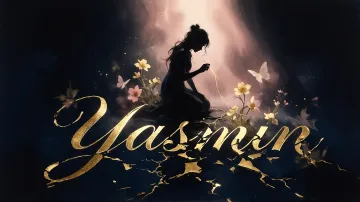 Yasmin horizontal diseño 6 - Composición de ilustración semirrealista cinematográfica con silueta femenina tejiendo un hilo dorado de luz sobre un suelo oscuro fracturado al estilo Kintsugi, donde el nombre resalta en un prominente guión caligráfico dorado que emerge de las grietas, rodeado de flores blancas, mariposas y un fondo degradado de azules profundos iluminado por una luz celestial en tonos melocotón y crema, con una frase de aliento en tipografía blanca en la parte inferior.