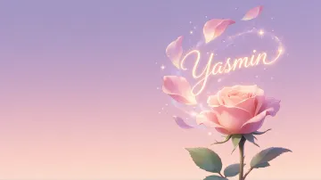Yasmin horizontal diseño 8 - Fondo de Pantalla con degradado suave que transiciona de lila en la parte superior a melocotón y rosa pastel en la base, destacando una rosa rosada hiperrealista con tallo y hojas verdes. El nombre brilla en tipografía cursiva con efecto neón cálido, adornado con pétalos cayendo y chispas de luz mágica.
