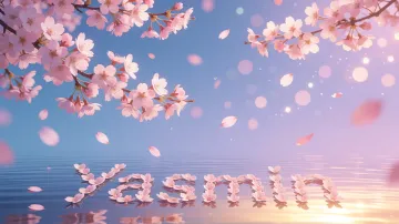 Yasmin horizontal diseño 9 - Composición serena y onírica con ramas de cerezo en flor (sakura) en la parte superior contra un cielo en degradado de azul suave y lila. Pétalos de color rosa pastel flotan delicadamente en el aire cayendo hacia una superficie de agua tranquila y cristalina. En el centro inferior, el nombre está formado por pétalos de flores con un sutil efecto de relieve 3D y tipografía floral, reflejándose sobre el agua que está iluminada por un cálido destello dorado de luz solar en la esquina inferior derecha.