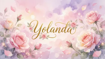 Yolanda horizontal diseño 10 - Diseño estilo acuarela con un fondo etéreo y texturizado en nubes de tonos rosa pastel y lila suave. Presenta composiciones de rosas abiertas y capullos en los bordes inferior y superior, con pétalos cayendo delicadamente. Incorpora destellos de luz cálida (efecto bokeh) y, en el centro, resalta una tipografía elegante, cursiva y fluida en color dorado.