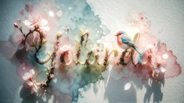 Yolanda horizontal diseño 11 - Un delicado diseño de estilo acuarela digital que combina una tipografía de caligrafía personalizada para el nombre en tonos dorados y rosados suaves, adornada con pequeñas hojas y brotes. Un pajarito azul y naranja vibrante está posado en una de las letras. Todo está rodeado por un marco circular de ramas de cerezo en flor con delicadas flores rosadas y blancas. El fondo es un lavado de acuarela difuminado en tonos pastel suaves de azul cerceta, rosa rubor y melocotón sobre una textura de papel rugoso, con destellos luminosos y motas de luz bokeh flotando alrededor, creando una atmósfera mágica y soñadora. Las sombras suaves proyectadas añaden profundidad.