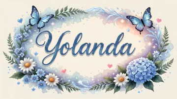 Yolanda horizontal diseño 4 - Composición magica con nombre en letra cursiva azul, rodeado de hortensias azules, margaritas blancas y delicadas flores silvestres, enmarcado por suaves remolinos de agua, mariposas azules y destellos estelares sobre un fondo etéreo y romántico.