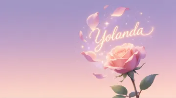Yolanda horizontal diseño 8 - Fondo de Pantalla con degradado suave que transiciona de lila en la parte superior a melocotón y rosa pastel en la base, destacando una rosa rosada hiperrealista con tallo y hojas verdes. El nombre brilla en tipografía cursiva con efecto neón cálido, adornado con pétalos cayendo y chispas de luz mágica.